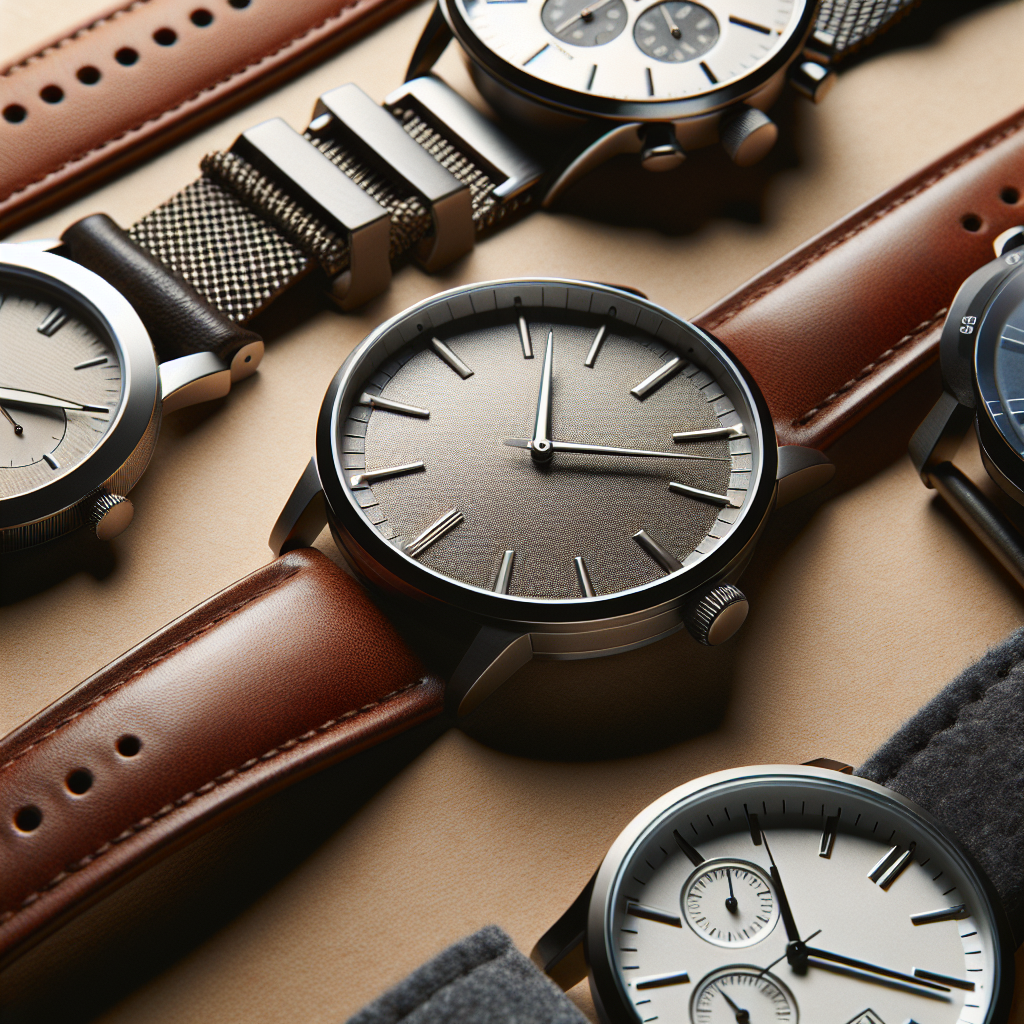 Nærbilde av flere armbåndsur i moderne og klassisk stil på nøytral bakgrunn med fokus på materialtekstur og detaljer