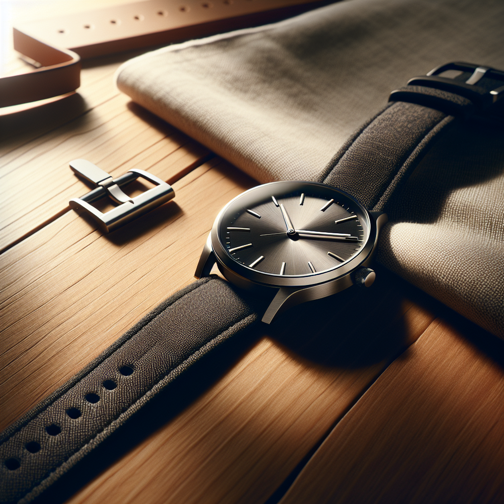 Nært bilde av et elegant armbåndsur på et bord av tre, kombinert med en stoffrem og moderne tilbehør, klart lys, minimalistisk komposisjon