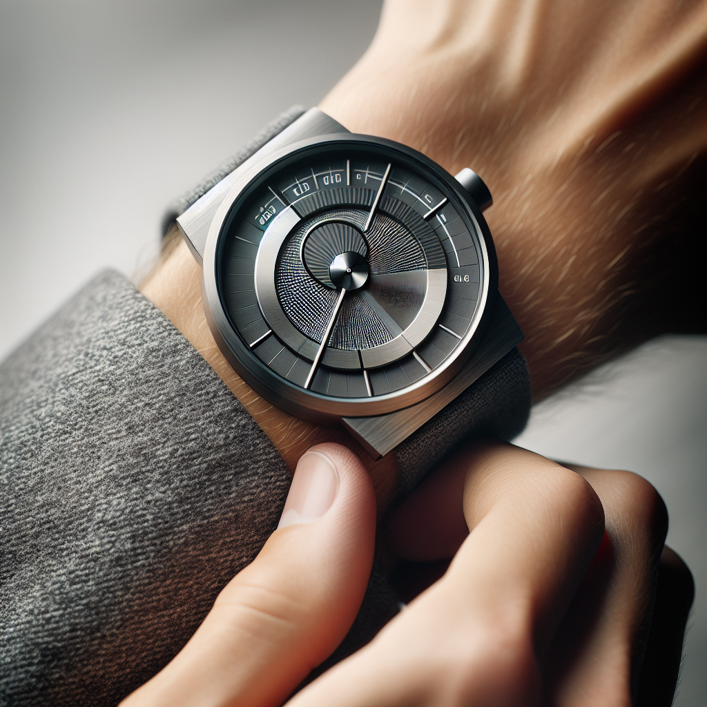 Nærbilde av et moderne armbåndsur på håndledd, kombinasjon av klassisk og futuristisk design, myk nøytral bakgrunn, høy detaljrikdom