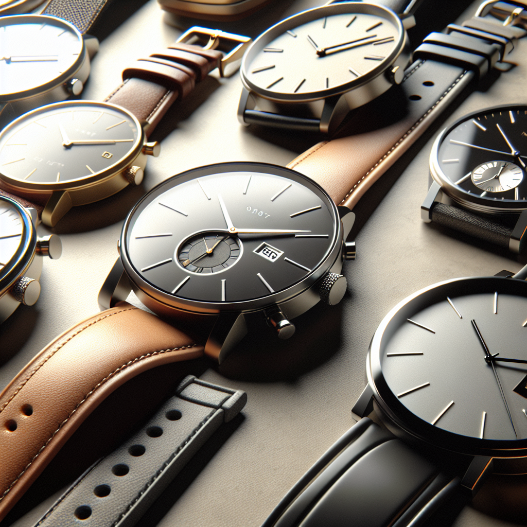 Elegant nærbilde av flere armbåndsur i forskjellige stiler (lær, stål, silikon), nøytral bakgrunn, myk belysning, moderne og stilfull komposisjon